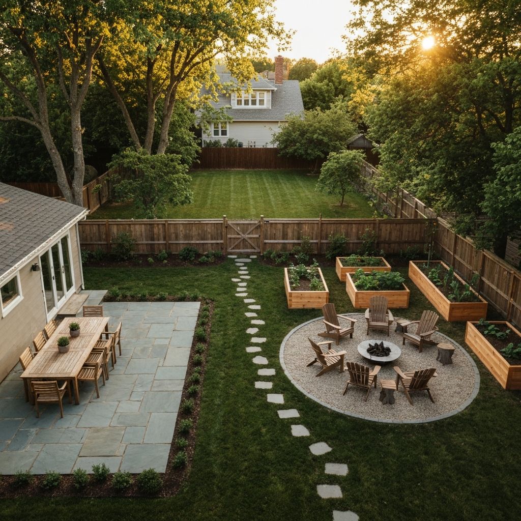 A landscaped backyard with seating and garden beds