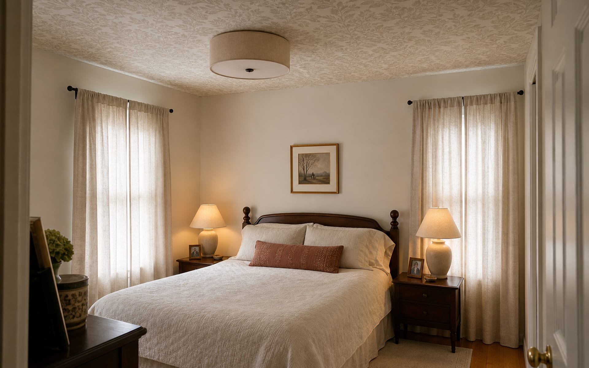 Same bedroom with soft botanical ceiling wallpaper, warm lamps, ivory bedding, and calm pale wall color.