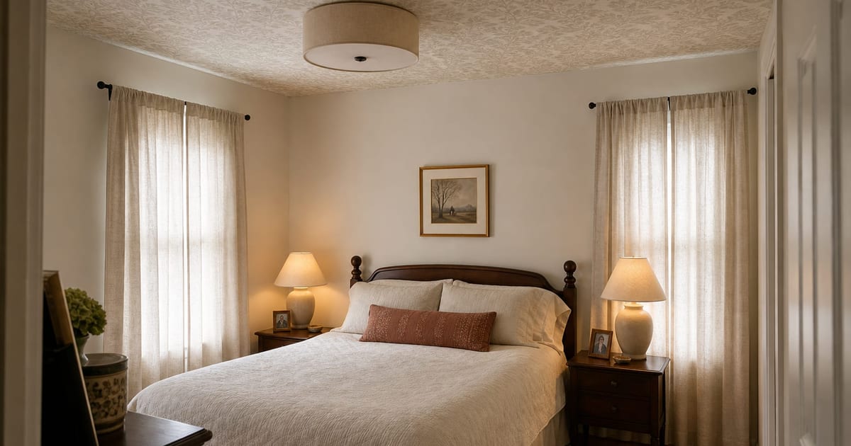 Bedroom with soft botanical ceiling wallpaper, ivory bedding, and warm bedside lamps.