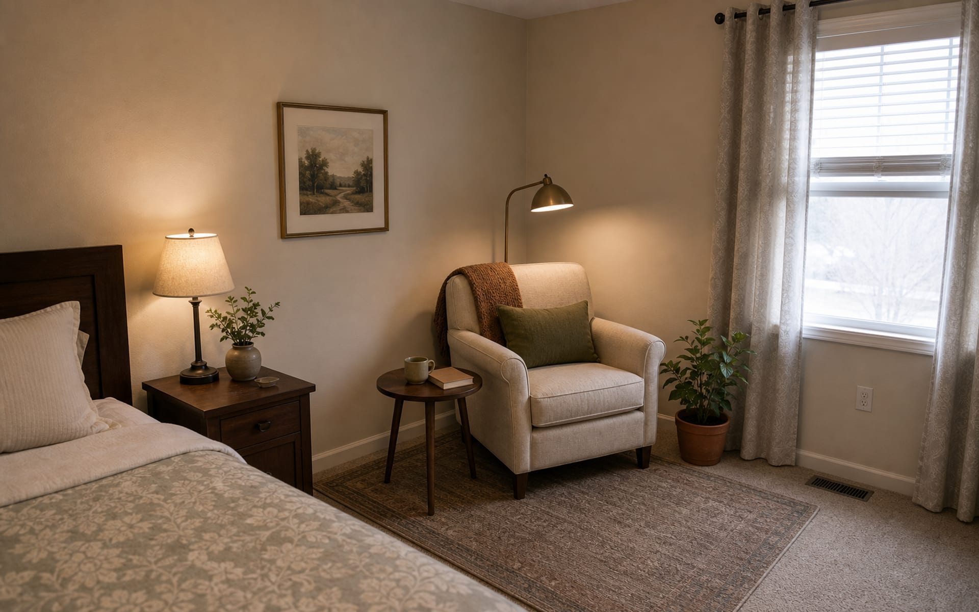 Same bedroom corner with a comfortable reading chair, warm floor lamp, small side table, rug, and plant.