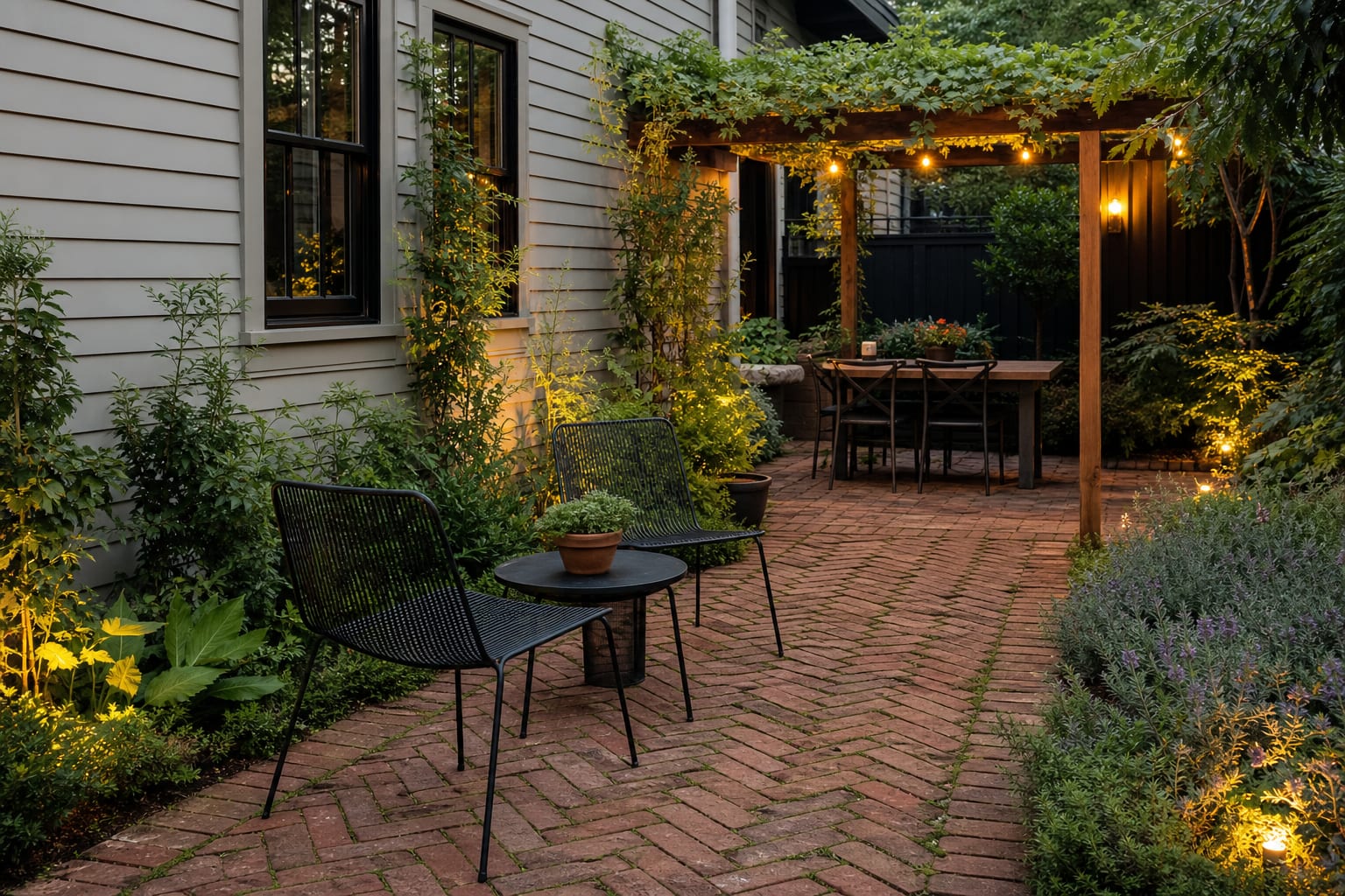 reclaimed brick patio with soldier course border, planted joints, black metal chairs, and a small pergola beside painted siding