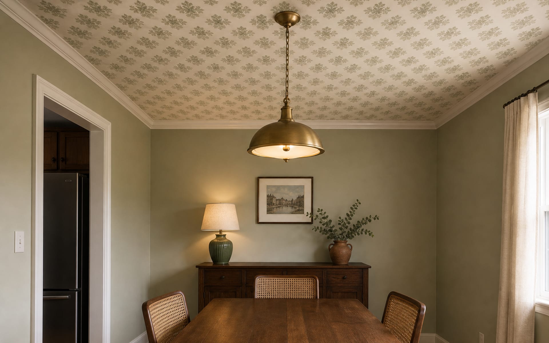 Same dining room with sage walls, tone-on-tone cream-and-sage ceiling wallpaper, and an aged brass pendant.