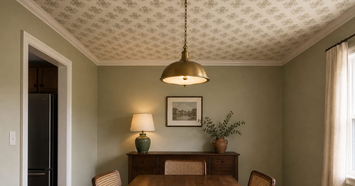 Dining room with sage walls, tone-on-tone block-print ceiling wallpaper, and a brass pendant.