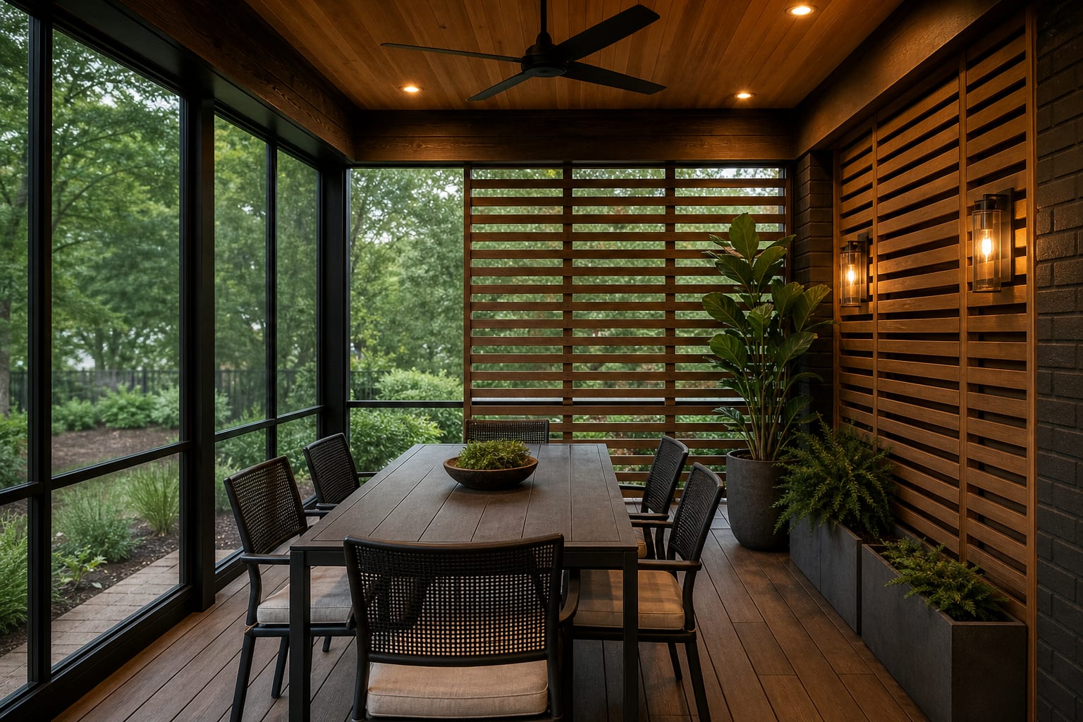 screened covered deck with compact dining furniture, slatted privacy panels, ceiling fan, and warm low-glare lighting