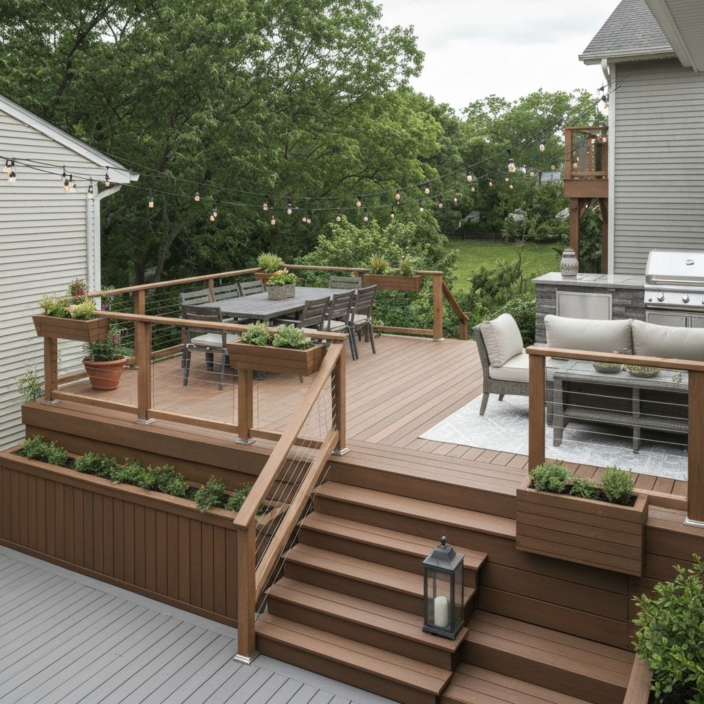 A designed deck with lounge seating and layered planting