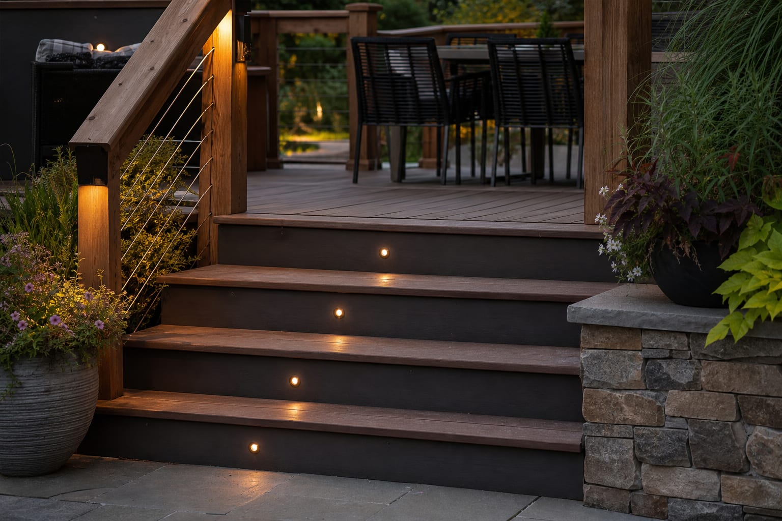 close view of deck stairs with small warm riser lights and shielded rail lighting along wood and composite boards