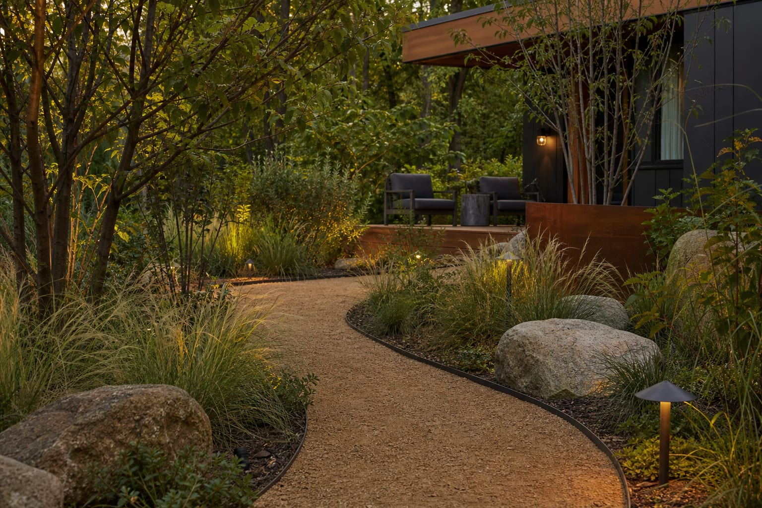 compacted tan decomposed granite garden path with black steel edging, grasses, boulders, and shielded low voltage lights