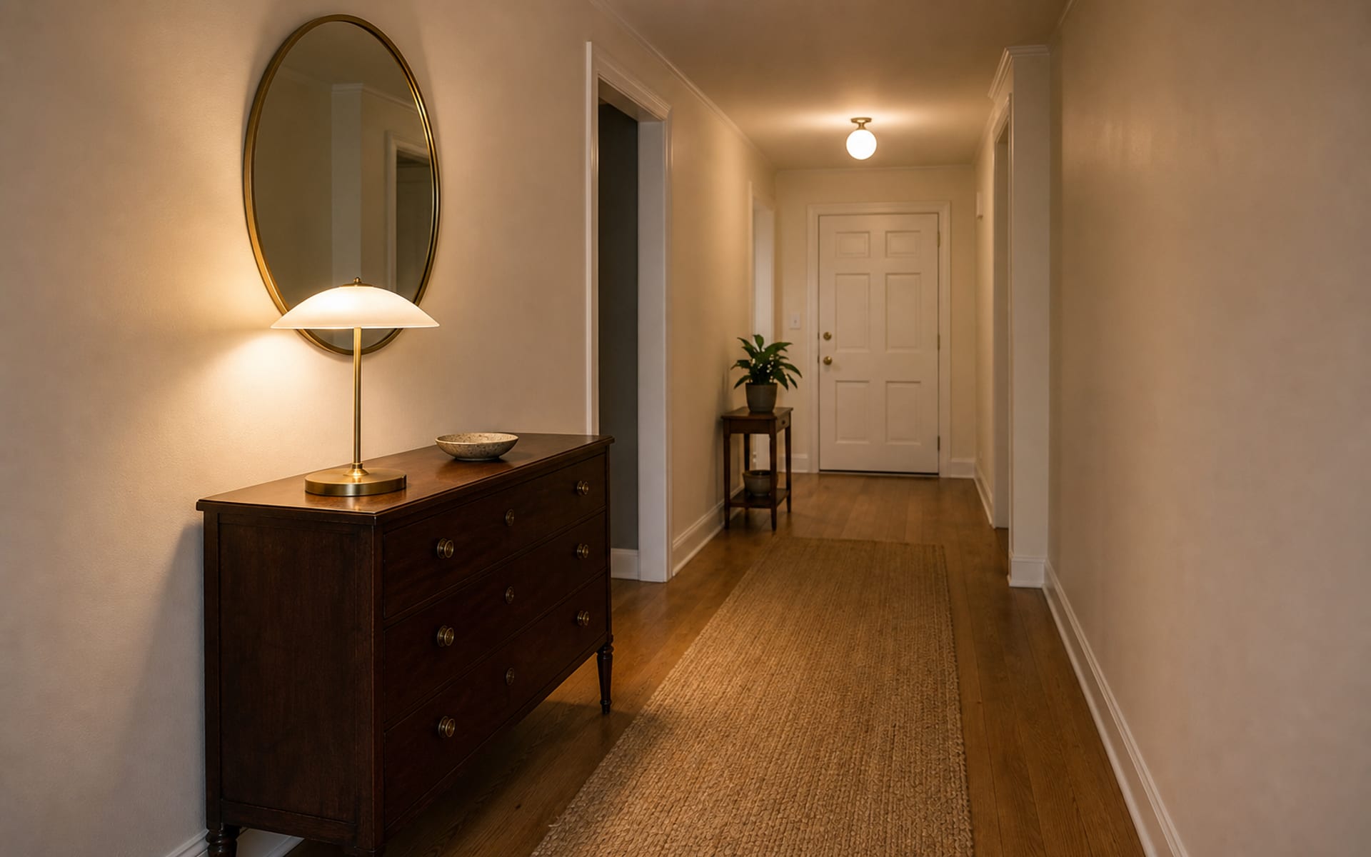 Same entry hallway with the mahogany chest under a single round brass mirror, one brass lamp, and a natural sisal runner.