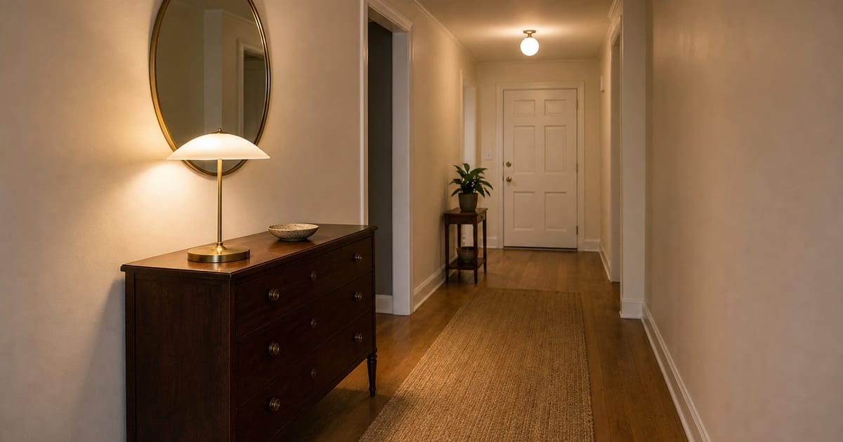 Entry hallway with an antique mahogany chest, round brass mirror, and natural sisal runner.