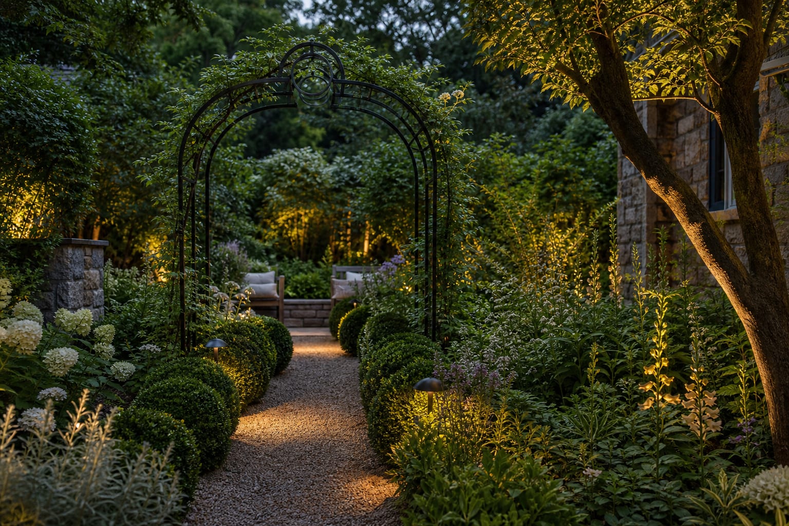 black metal arbor at the end of a narrow garden path with clipped shrubs and soft perennial planting
