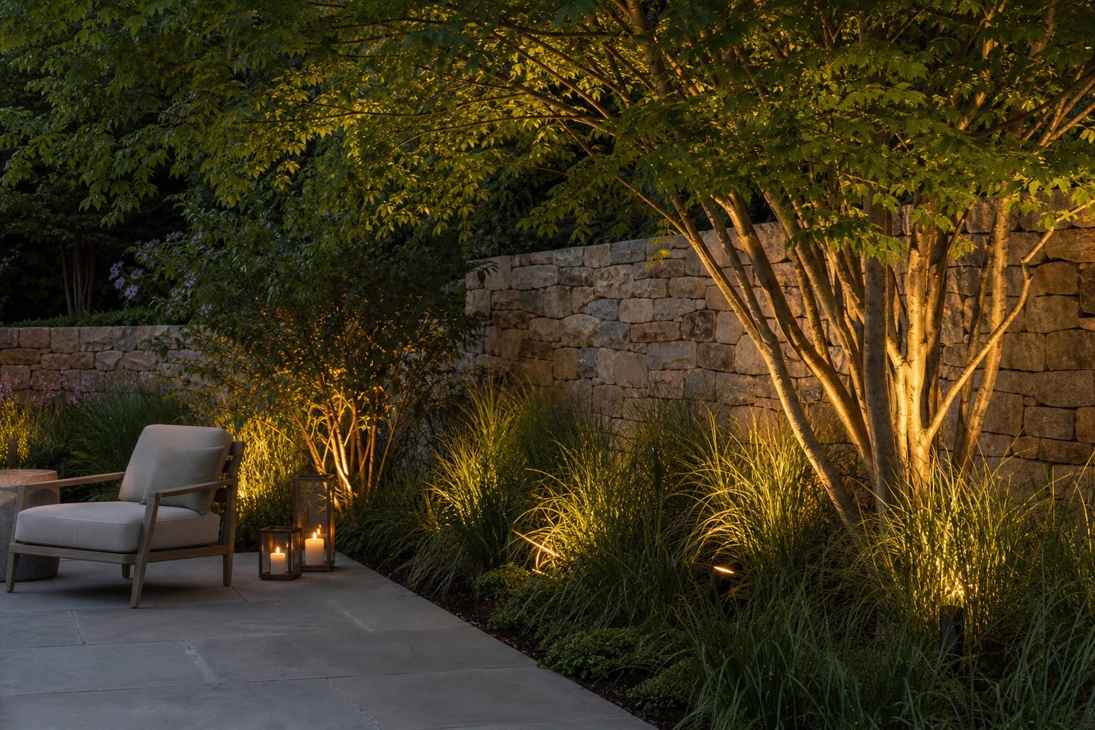 warm uplights set near a stone garden wall, multi-stem tree, and grasses with dark planting beds between beams