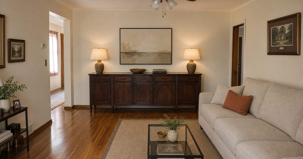 Living room mixing an antique wood sideboard with a modern oatmeal linen sofa and warm table lamps.