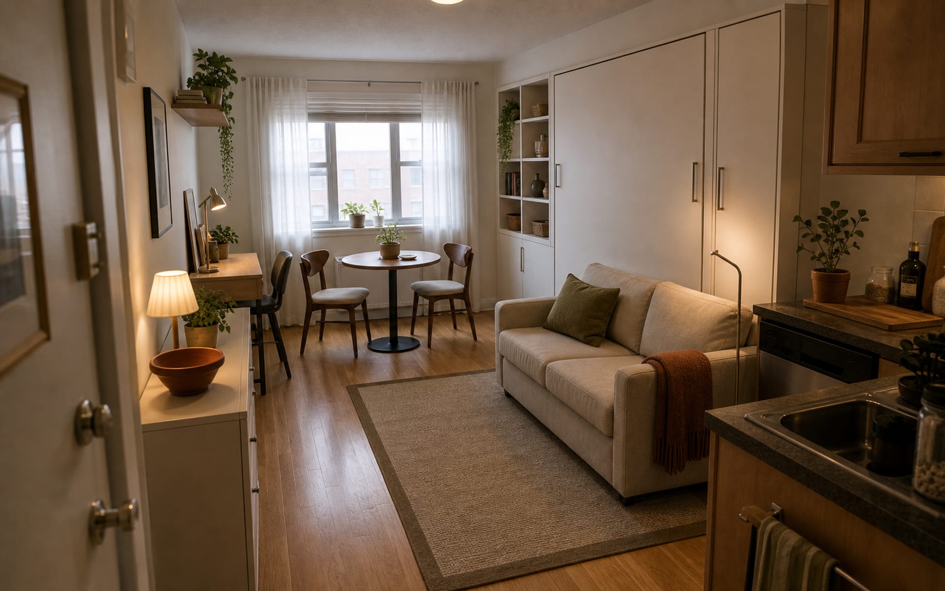 Same studio with a closed Murphy bed wall, compact sofa, round table, closed storage, and clear daytime floor space.
