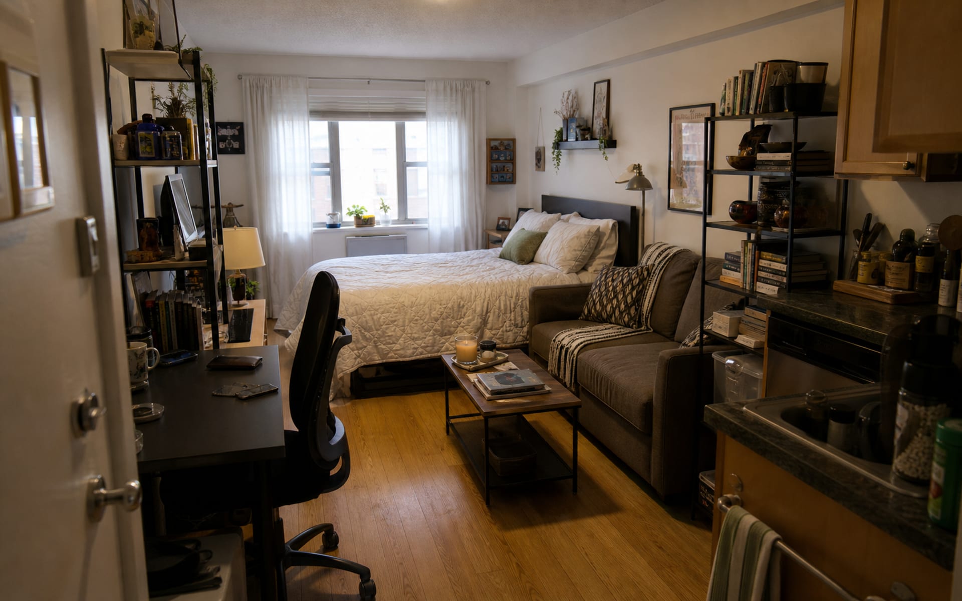 Studio apartment crowded by a bed, sofa, desk, open shelves, and blocked walking path.