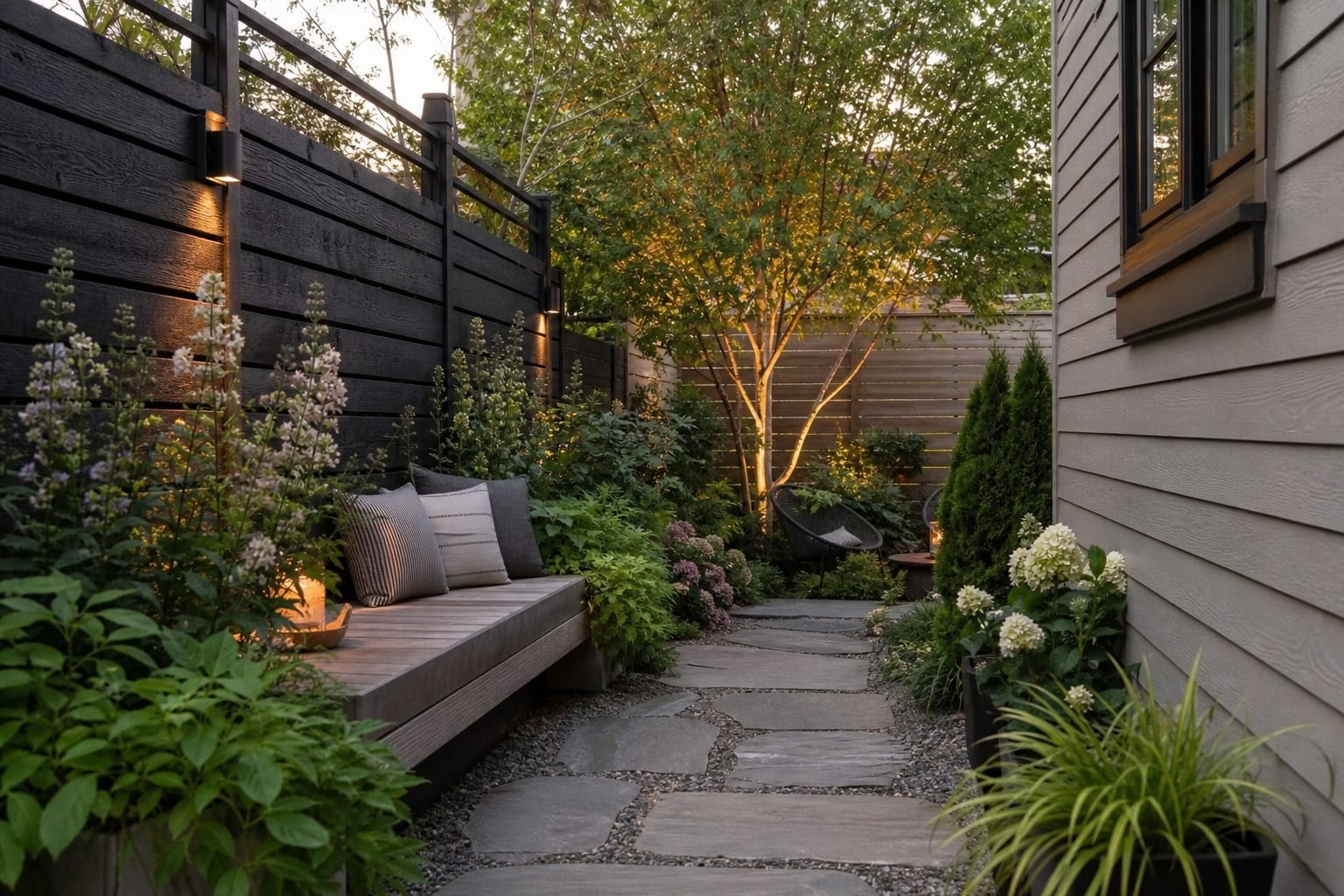 narrow backyard with fence-side bench, gravel joints, layered planting, and a small destination tree at the rear