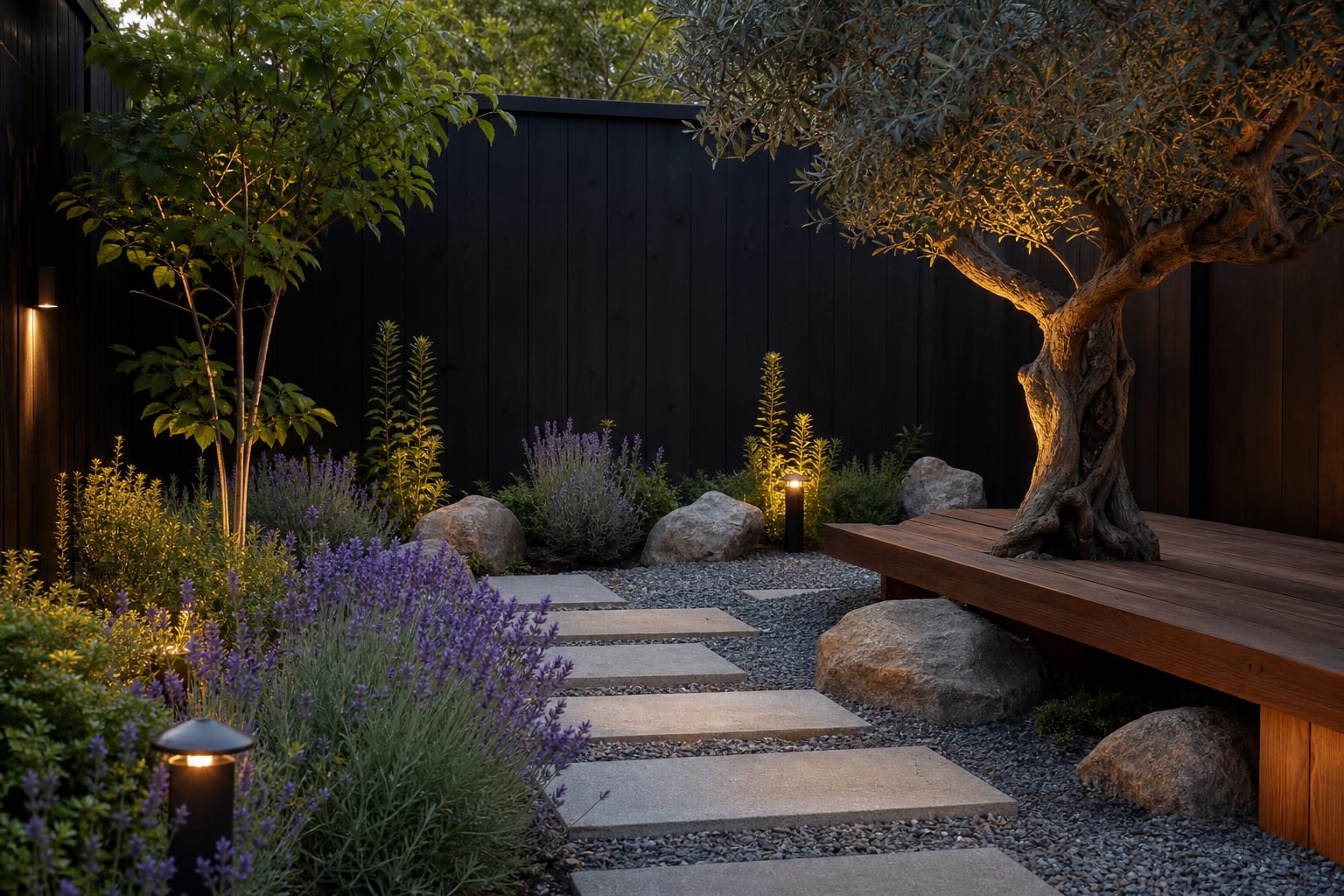 small backyard meditation area with stepping stones, lavender, gravel floor, timber bench, and one sculptural tree against a dark fence