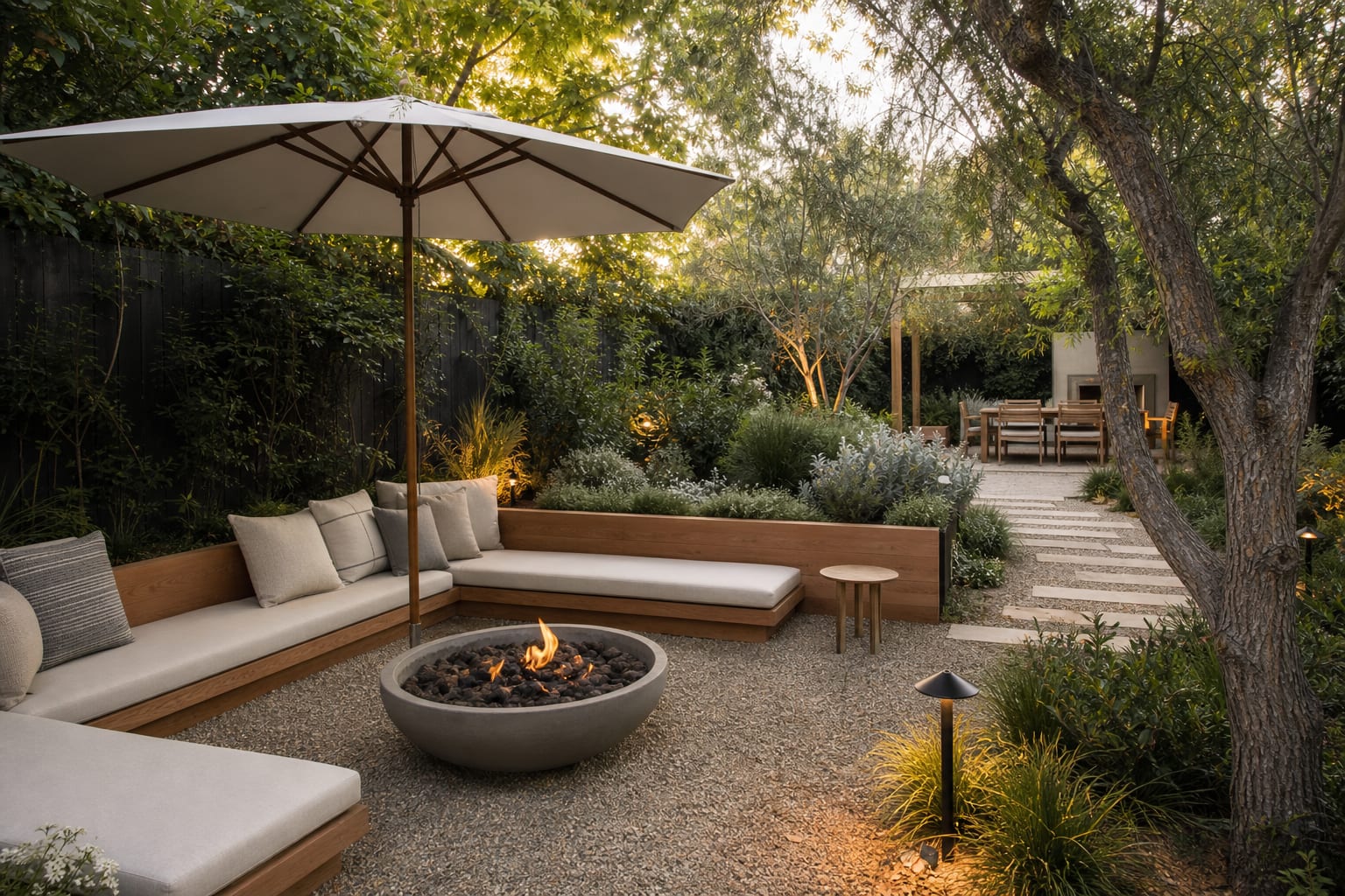 gravel lounge room in a backyard with low planting, cedar bench, umbrella shade, and a path leading to a dining area