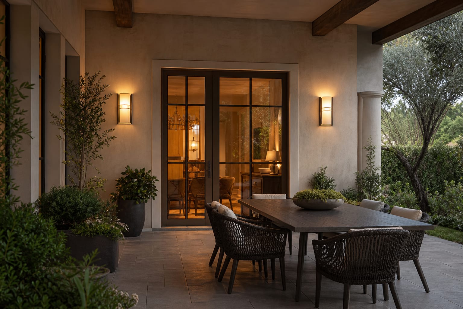 covered patio door with warm frosted sconces, porcelain pavers, and a dining table lit without glare