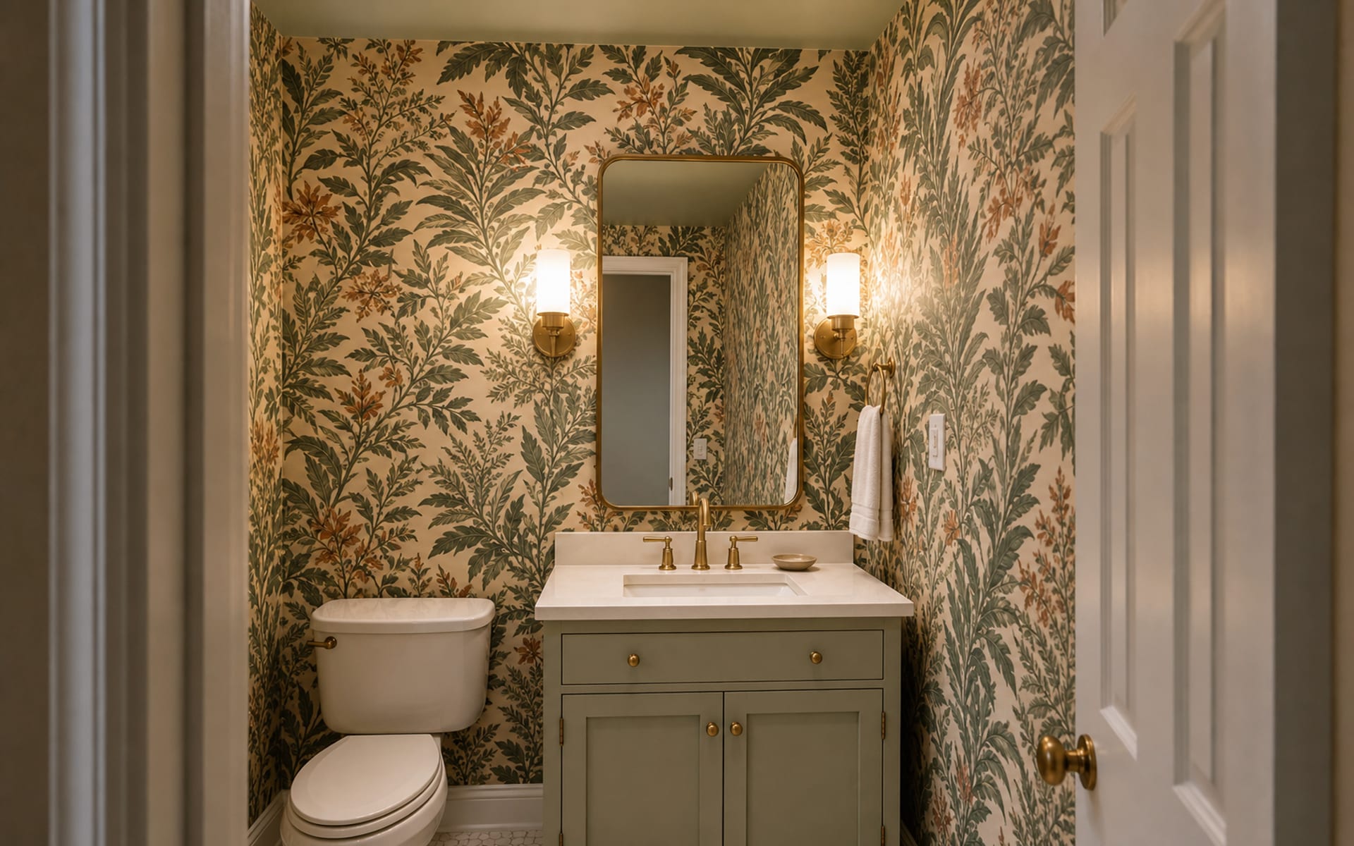 Same powder room with bold botanical wallpaper, warm sconces, framed mirror, painted ceiling, and simple vanity.