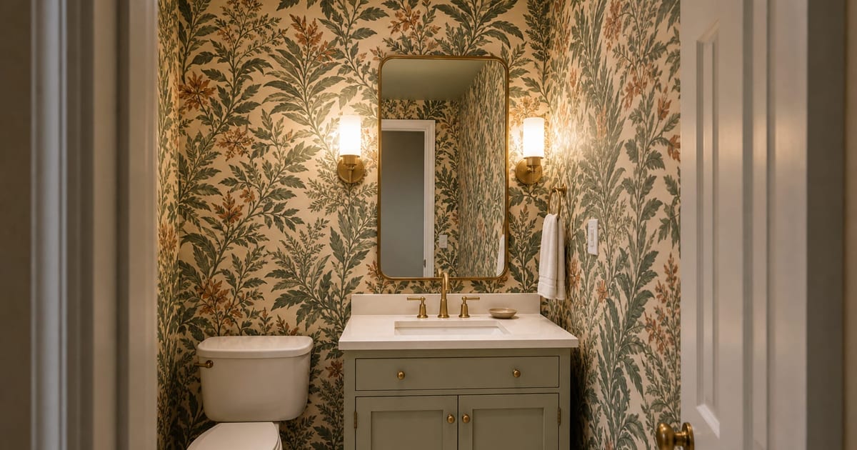 Powder room with botanical wallpaper, warm sconces, framed mirror, and simple vanity.