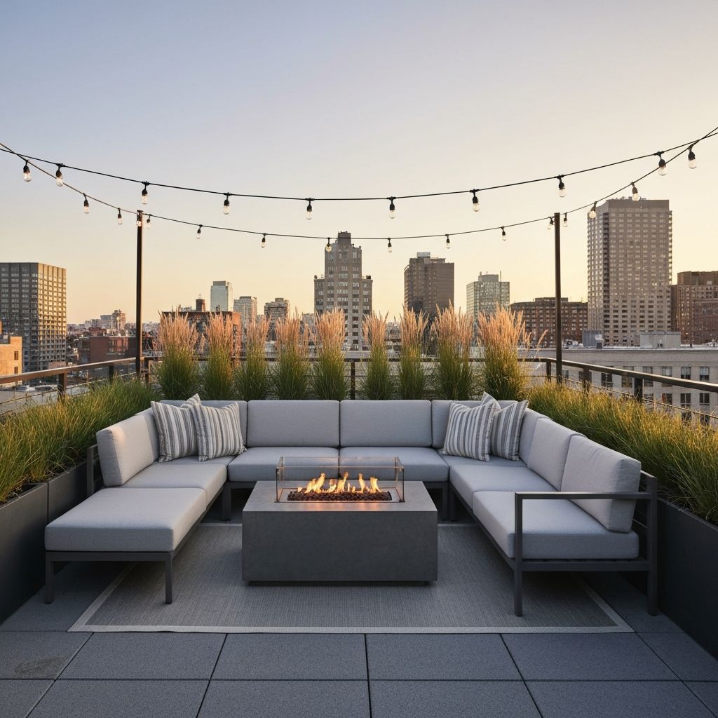 A compact rooftop terrace arranged as an outdoor room