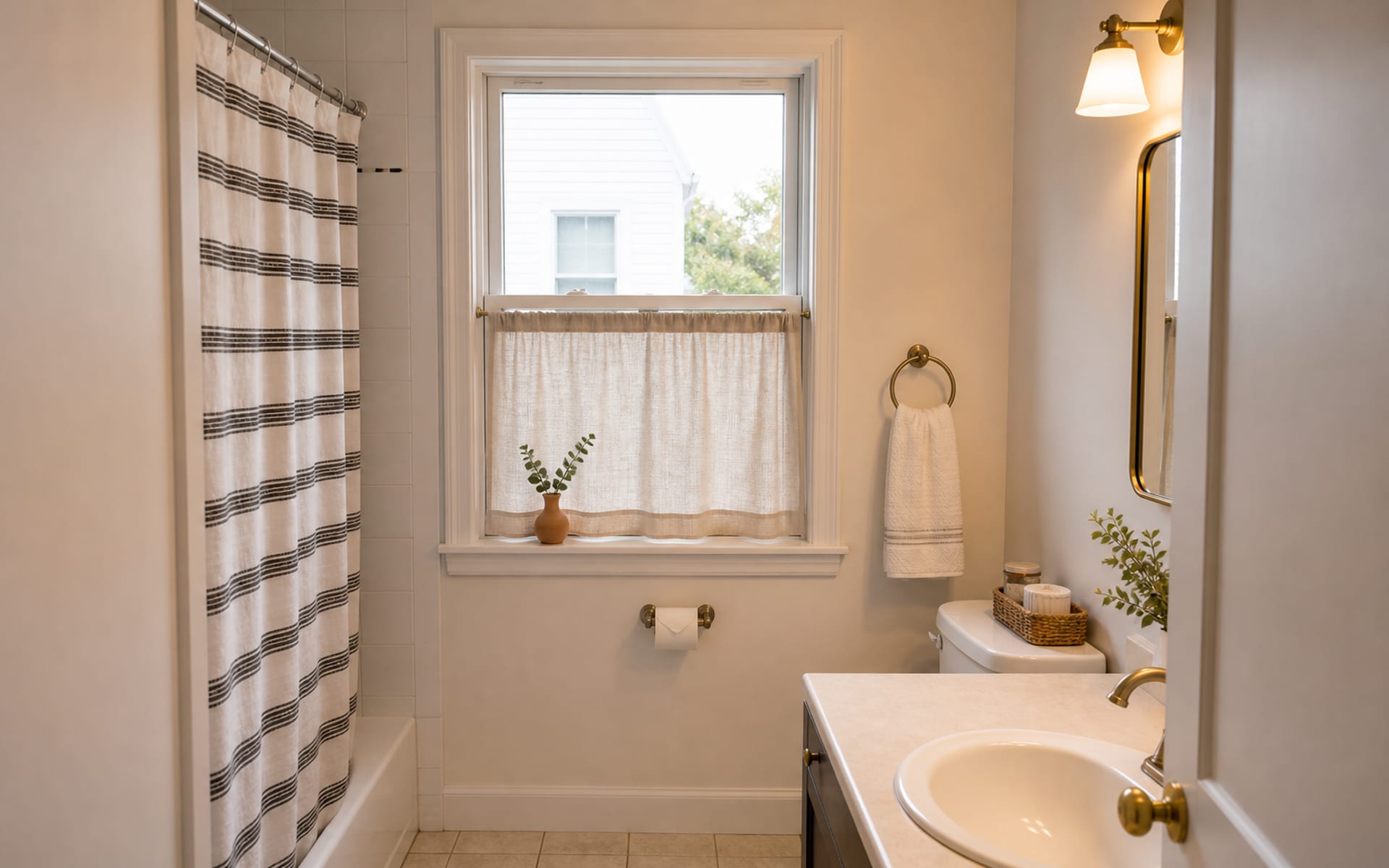Same bathroom with a tailored cafe curtain on the lower sash, clear sill, warm sconce, and daylight left open above.