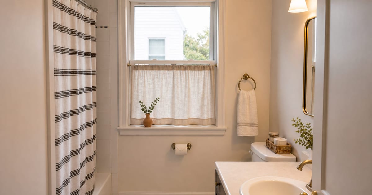 Small bathroom window with a tailored linen cafe curtain covering the lower sash and daylight above.
