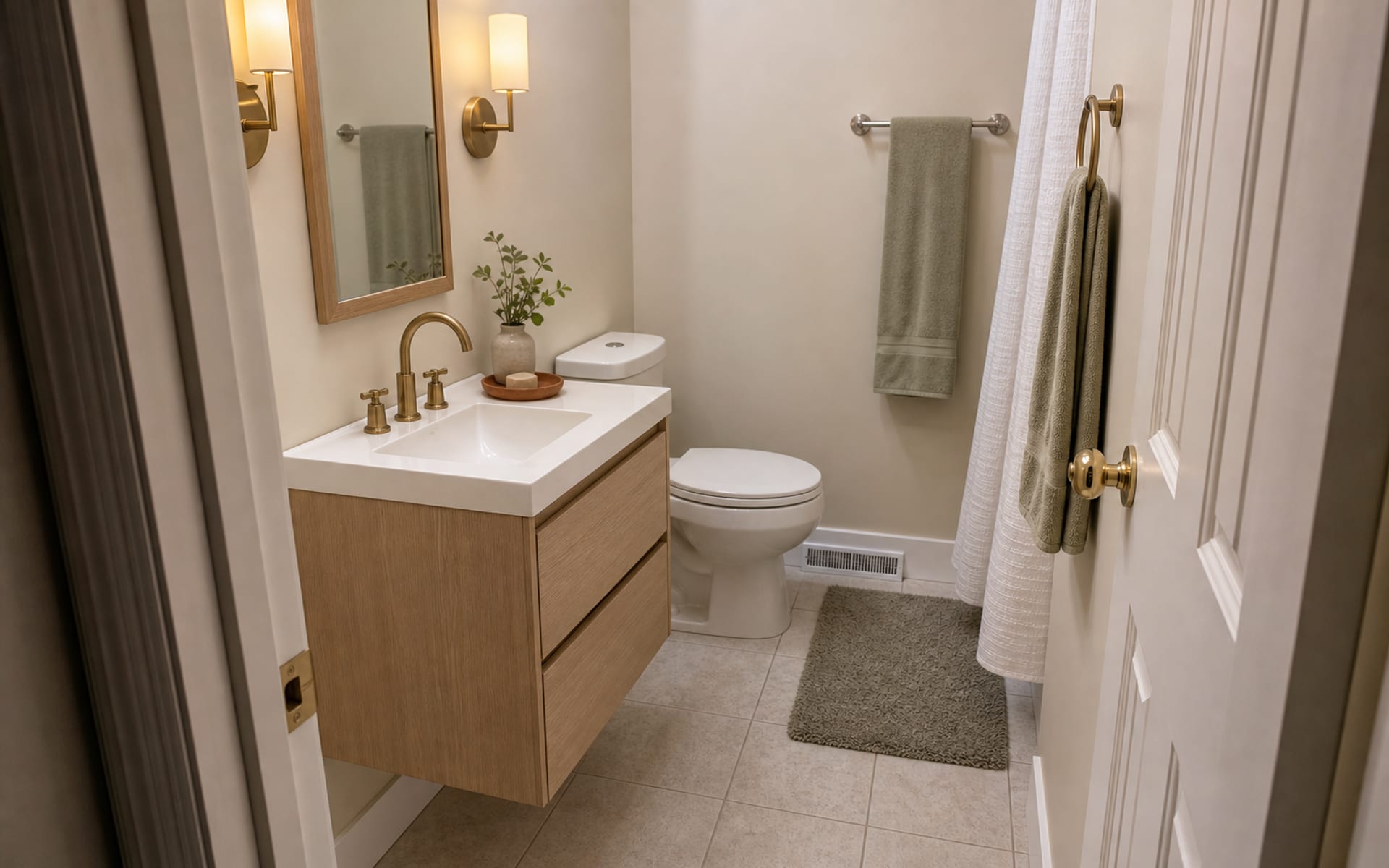 Same bathroom with a correctly scaled floating vanity, clear floor, useful drawers, warm sconces, and better mirror proportion.