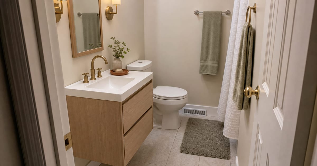 Small bathroom with a correctly scaled floating vanity, warm sconces, and clear floor space.