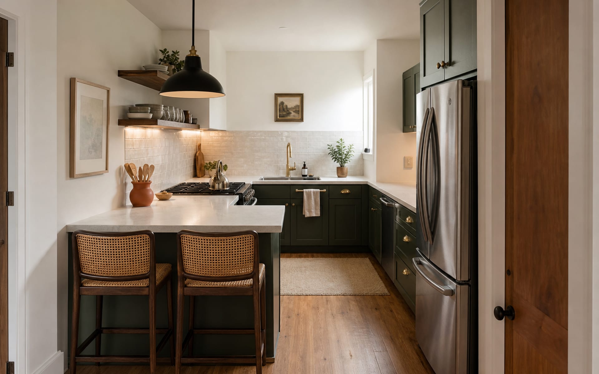 Same small galley kitchen with deep green lower cabinets, walnut open shelving, zellige backsplash, brass pulls, and warm task lighting.