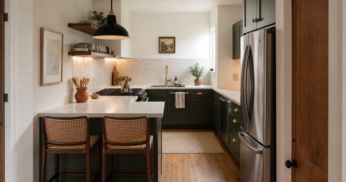 Small galley kitchen with deep green cabinets, walnut shelves, zellige backsplash, and brass hardware.