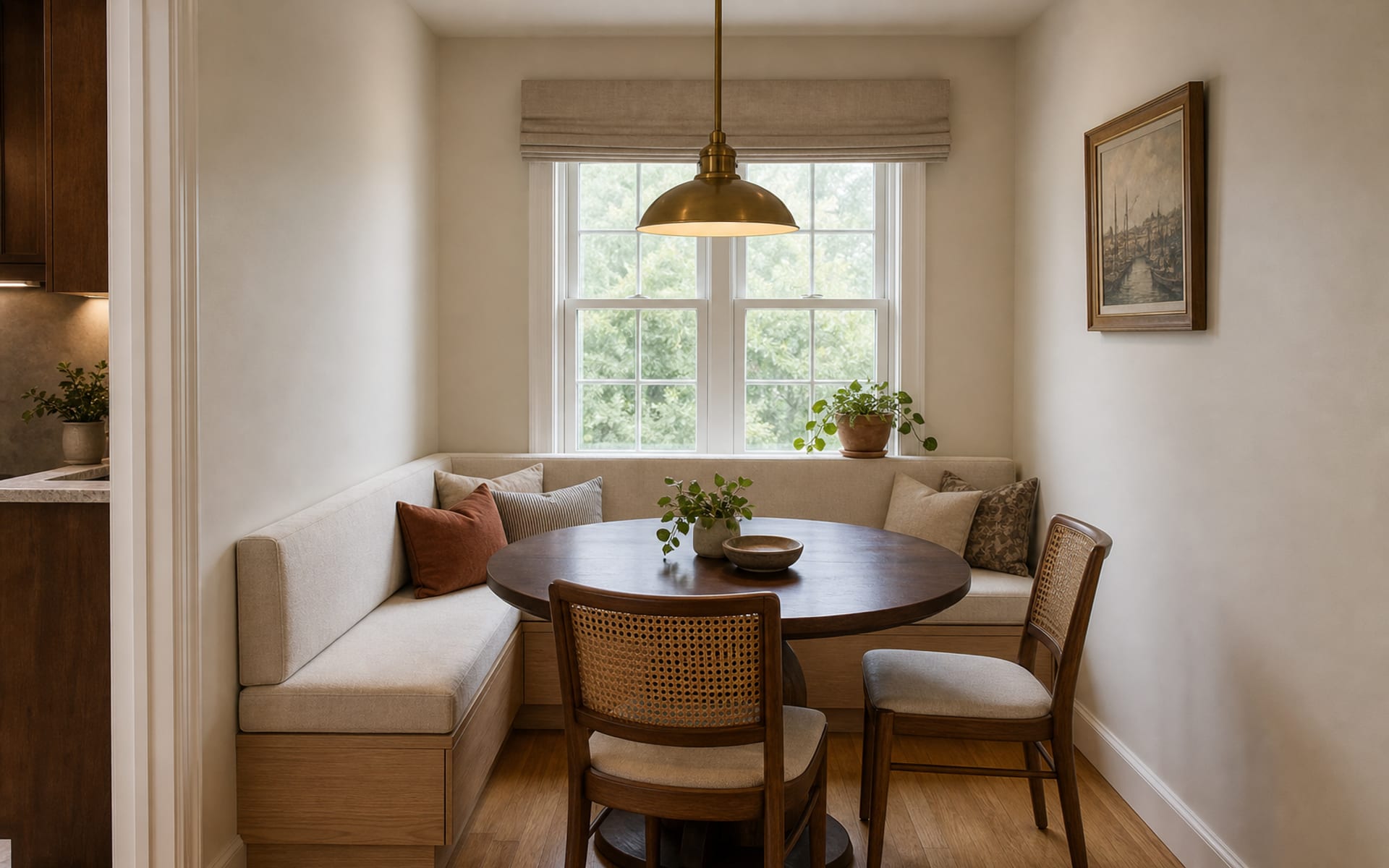 Same breakfast nook with an L-shaped white oak banquette, cream cushions, a round walnut pedestal table, and a warm brass pendant.