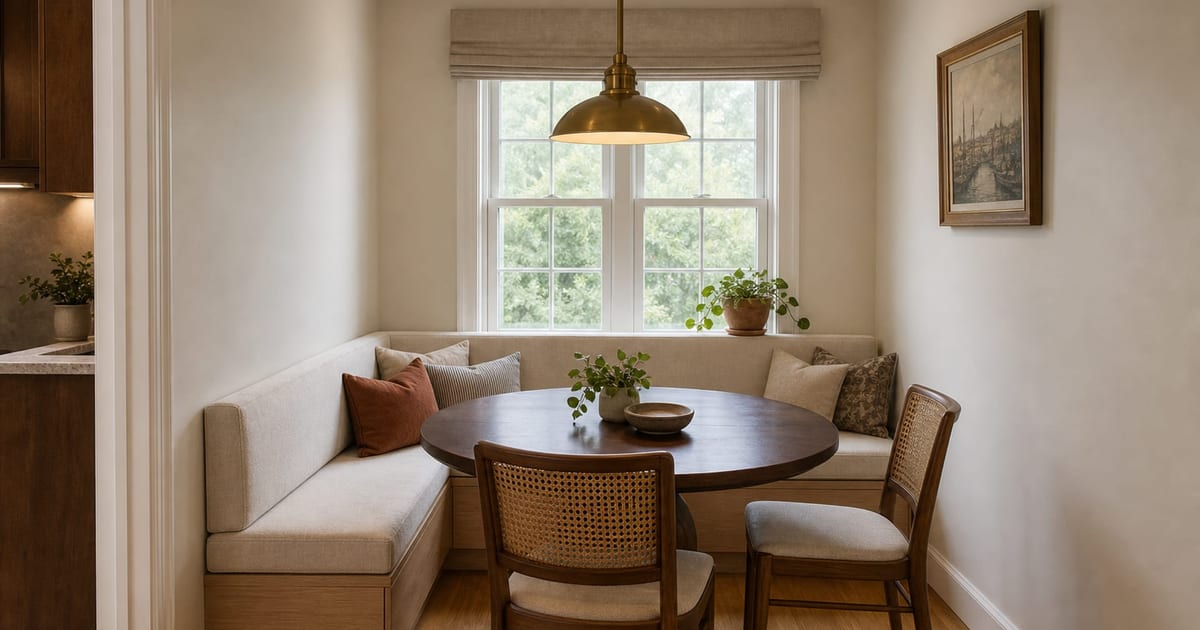 Small breakfast nook with an L-shaped white oak banquette, round walnut pedestal table, and warm pendant.