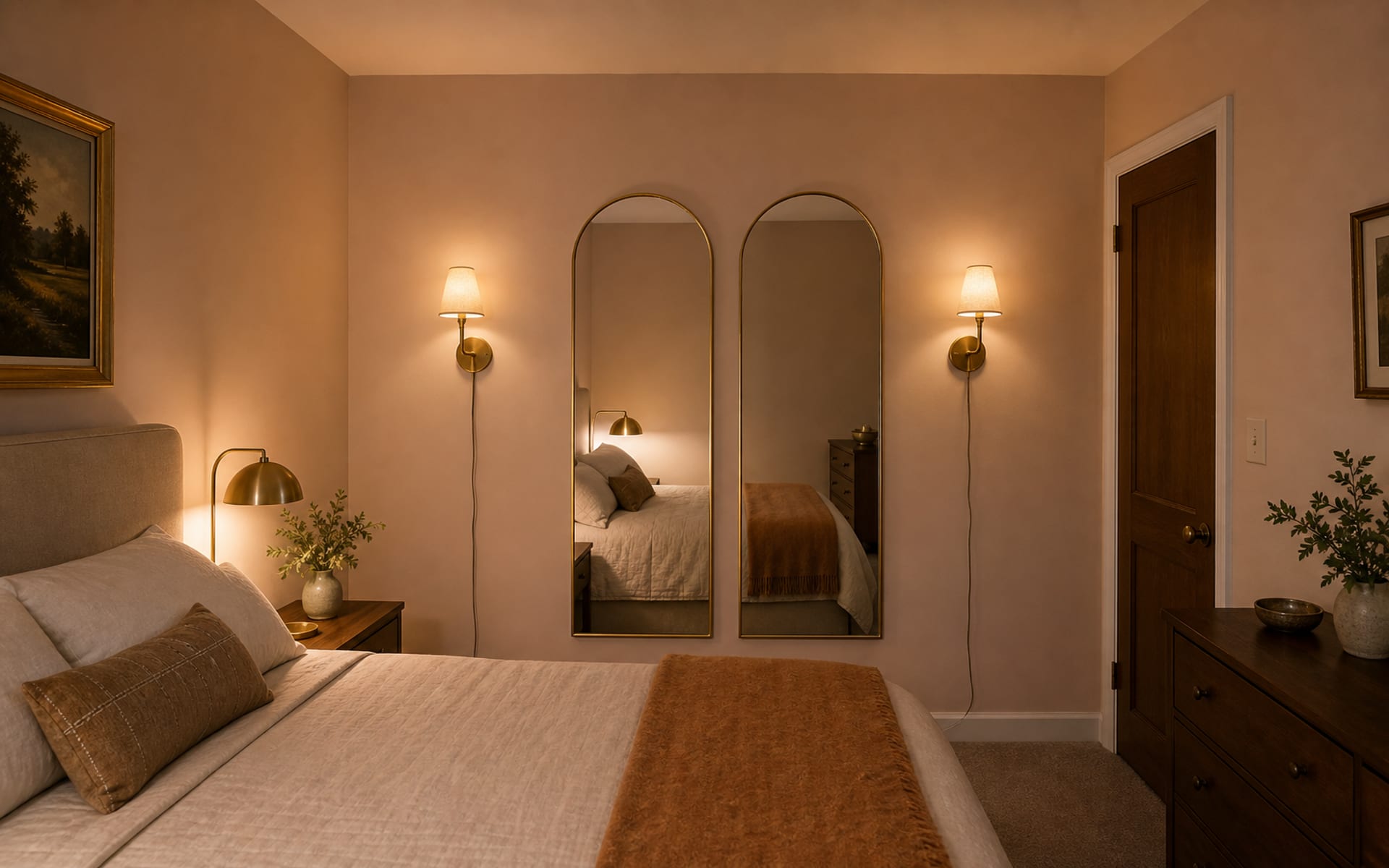 Same windowless bedroom with paired arched brass mirrors, warm plug-in sconces, ivory bedding, and low bedside lamps.