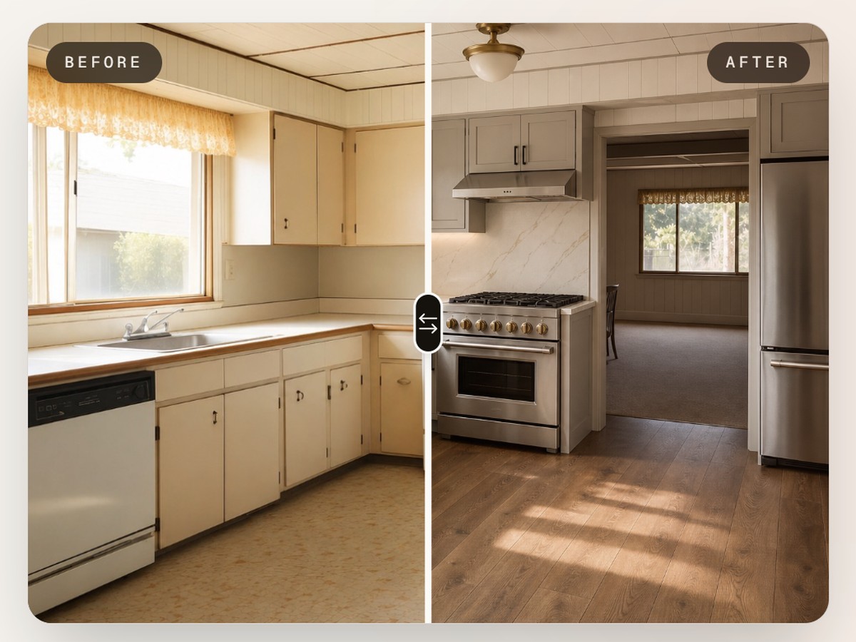 Kitchen before and after AI redesign by Re-Design